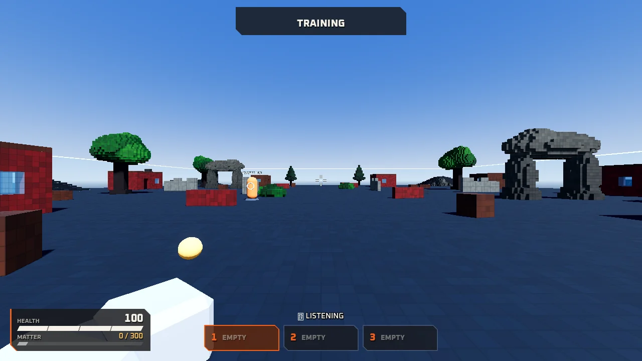 Training arena while the player holds V, with the LISTENING indicator on the HUD