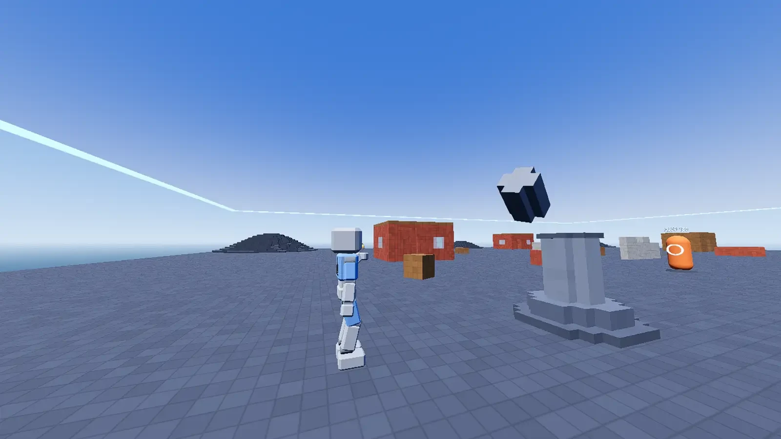 Voxel arena with a floating black cube built by the player