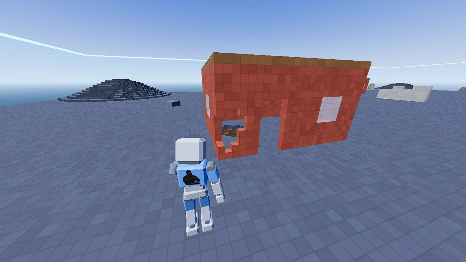 Red voxel structure with a hole torn through it by material extraction