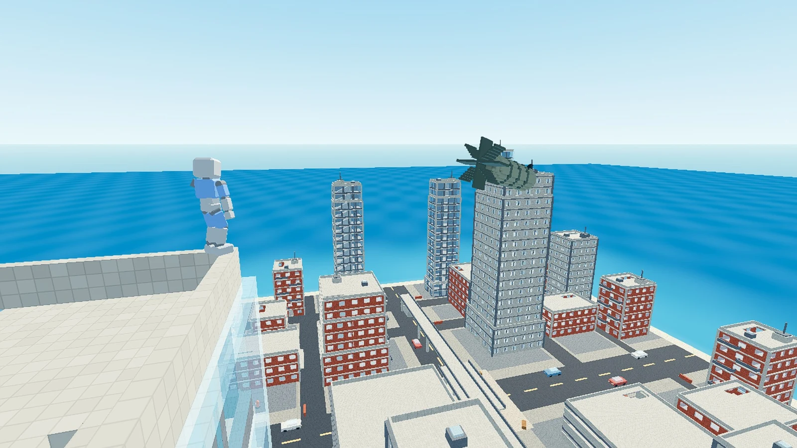 LAVOICE Tokyo 3 arena seen from above, a voxel city block floating over blue water