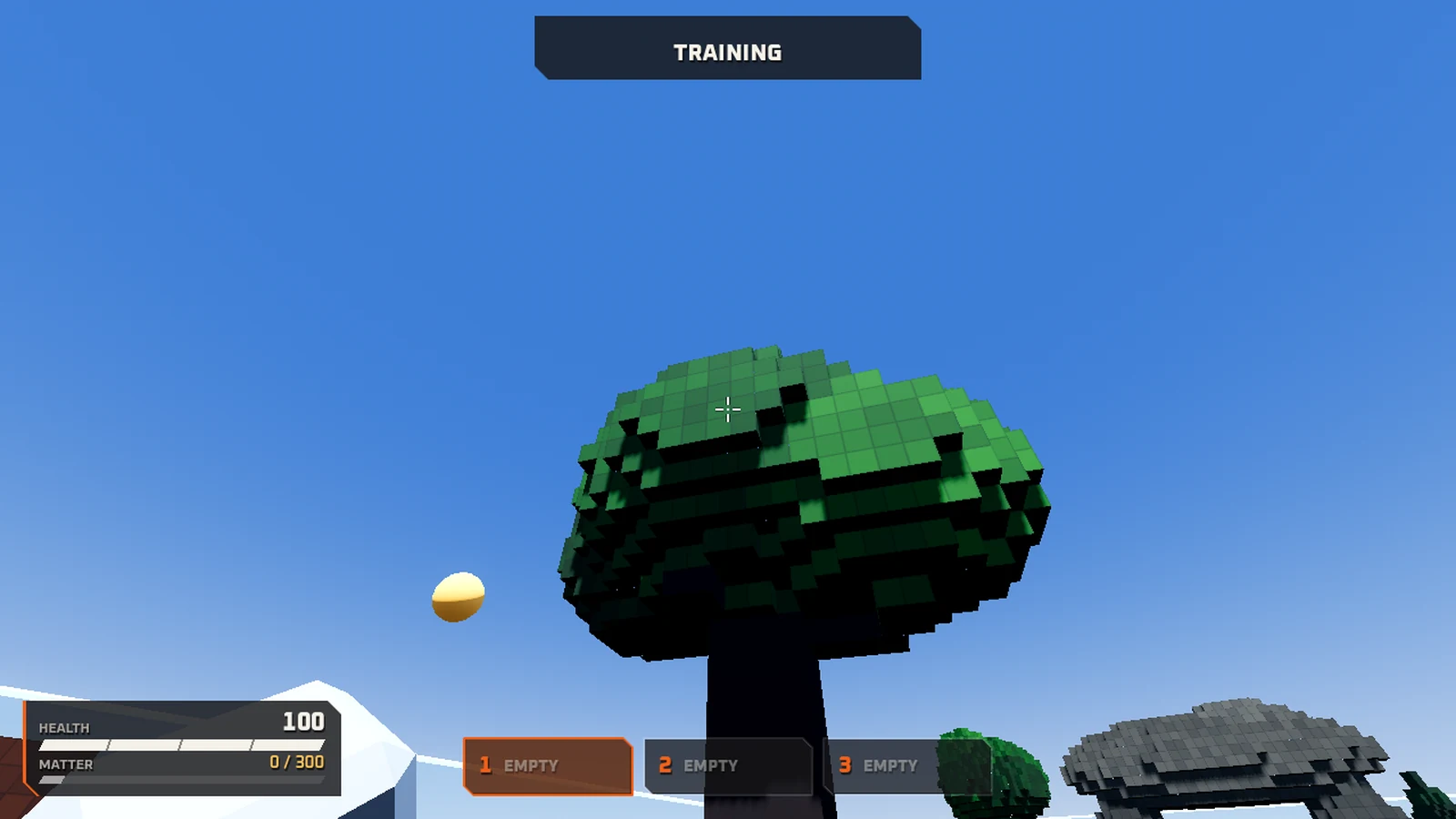 LAVOICE training arena with blocky trees, a stone arch and the health, matter and weapon slot HUD