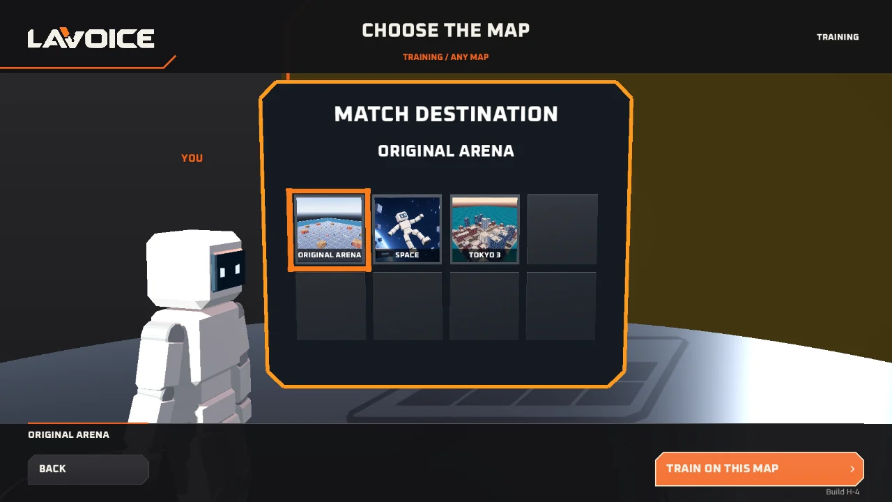 Map selection screen with Original Arena, Space and Tokyo 3