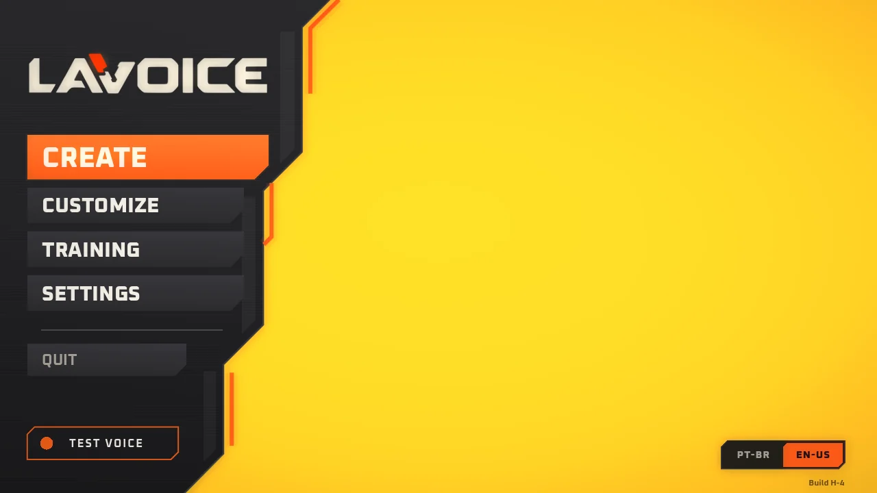 LAVOICE main menu with Create, Customize, Training, Settings, Quit and a Test Voice button